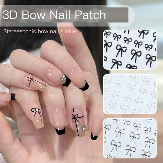 5D Minimalist Embossed Bow Nail Stickers (Black/White/Silver)